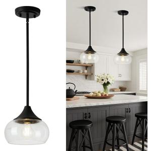 2 Pack Pendant Lights Kitchen Island, Modern Black Pendant Light Fixtures with 8.5" Clear Glass Shade, Industrial Hanging Pendant Lights Fixture for Kitchen Island Dining Room Bedroom Hallway Entryway
