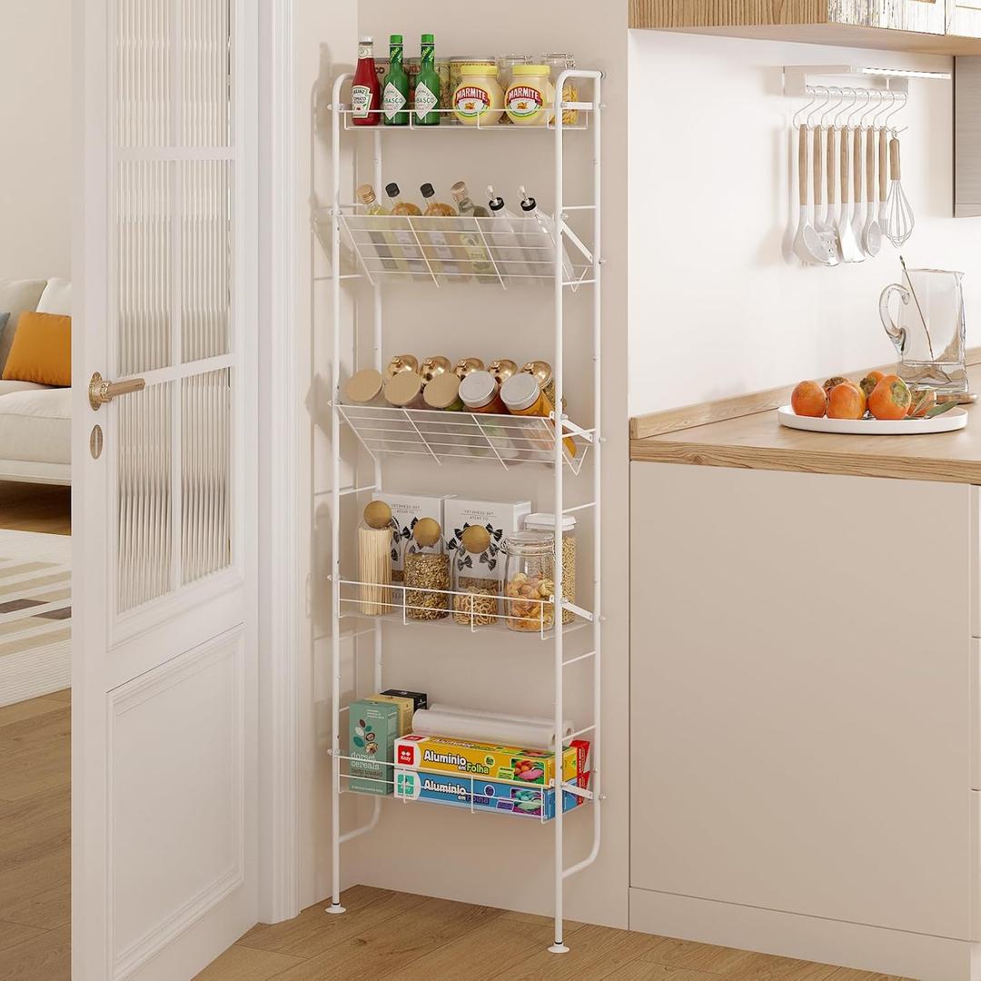 bukfen Narrow Spice Organizers, Slim Behind The Door Organizers,5-Tier Narrow Bathroom Shelf,Slim Corner Shelf,Space-Saving Multi Functional Storage,Spice Racks