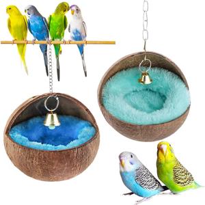 2 Pcs Natural Coconut Shell Bird Nest House Bed Breeding Nesting Anti-Pecking Bite with Warm Pad and Bell for Bird Parrot Budgie Parakeet Cockatiel Conure Lovebird Canary Finch