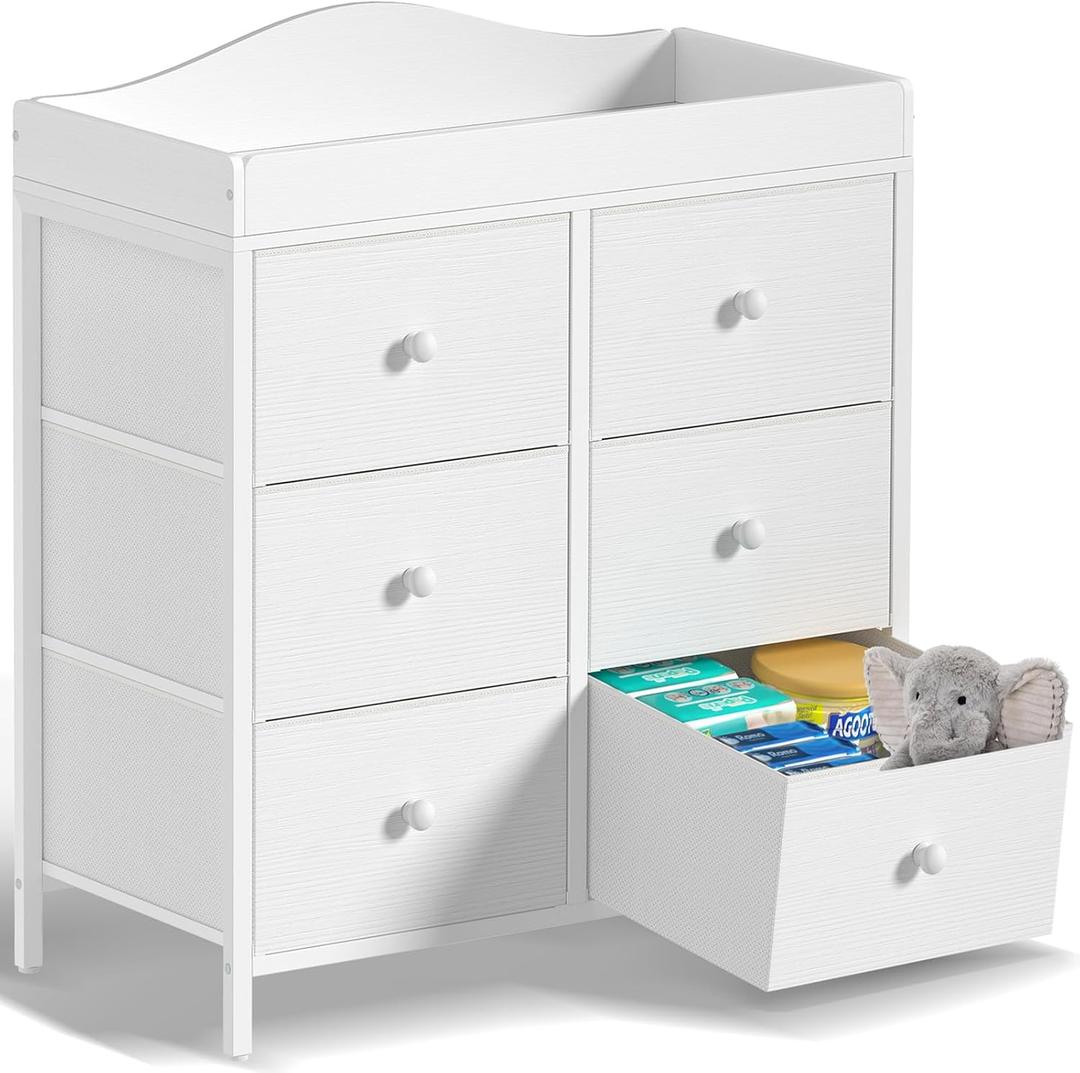 BOLUO White Changing Table Dresser with 6 Drawers Baby Dresser with Changing Table Top Diaper Changing Station with Storage for Nursery Modern