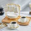 YOLIFE Espresso Cups with Saucers Set and Gold Metal Stand, 4oz Coffee Espresso Cups Set of 6, Ceramic Expresso Shots Cup with Stand & Saucers, White