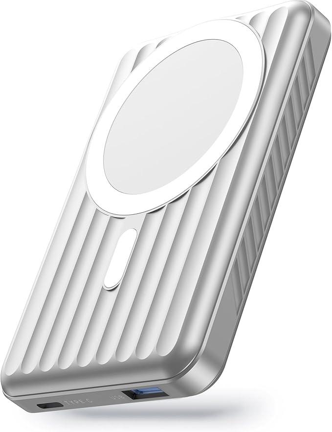 Azmuth Magnetic Power Bank 10000mAh, Wireless Power Bank 22.5W PD Fast Charging with LED Display and USB-C Charging Cable, Battery Pack for iPhone 15/14/13/12 Series (Silver)