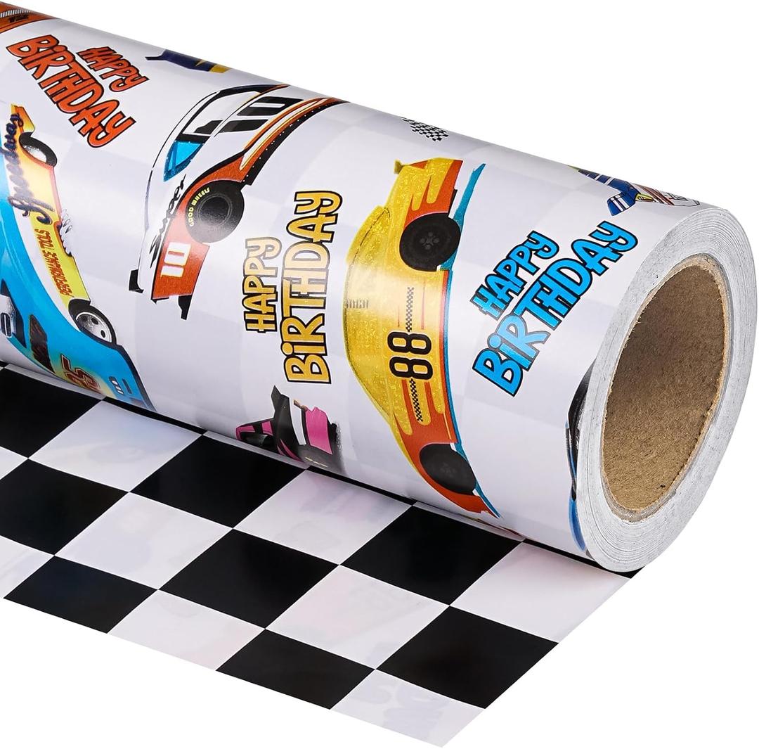 WRAPAHOLIC 30 Inch Reversible Racing Car Happy Birthday Wrapping Paper - 30 Inch x 33 Feet - Checkered Flag Wrapping Paper for Kids Boys Birthday, Baby Shower