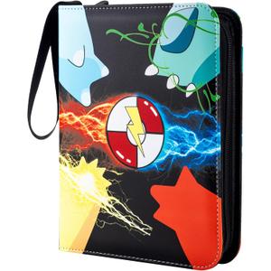 Jravkfi Card Binder 4 Pocket with 50 Removable Sleeves-Can Hold 400 Cards,3-Ring Zipper Sports Book is Gifts for Boys and Girls（Black）, 3-9.8*7.5*1.9IN