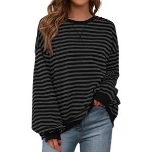 BTFBM Sweatshirt For Women 2026 Summer Crewneck Long Sleeve Oversized Striped Pullover Tops Y2K Clothes Workout Shirt (Black, L)