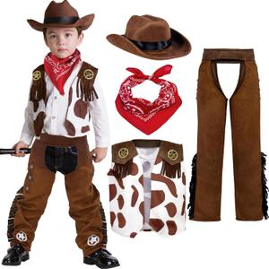 Spooktacular Creations Halloween Cowboy Costume for Boys, Kids White Brown Western Costume, Deluxe Cowboy Outfit Set with Hat for Toddler Halloween Dress-up, RolePlay Themed Party (Small, 5-7 yrs) (S (5-7 YRS))