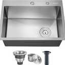 BIBKOK Kitchen Sink 24x18 Topmount Single Bowl Dropin Sinks 304 Stainless Steel Handmade Home Bar Outdoor RV Sinks Brushed