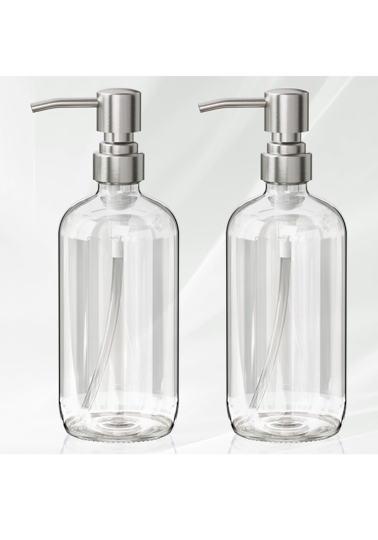 AmazerBath Soap Dispenser, 2 Pack Glass Soap Dispenser with Pump Stainless Steel, 17 Oz Hand Soap Bottles Bathroom Kitchen, Clear