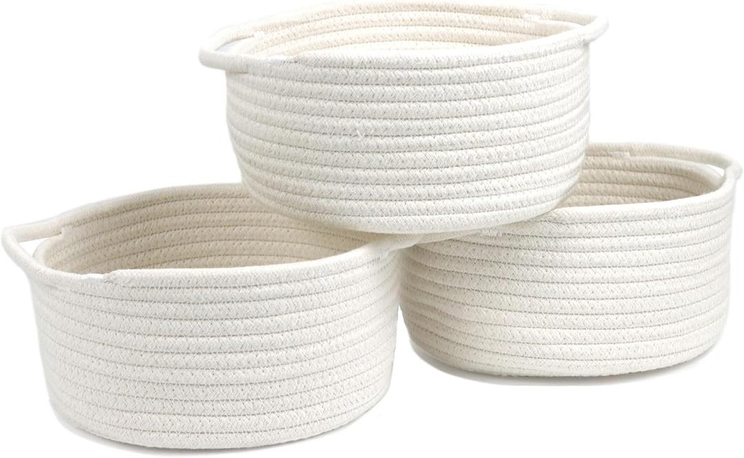 3 x Small Woven Baskets with Handle, Set of 3 Cotton Rope White Baskets for Organizing, Cute Mini Tiny Decorative Boho Round Storage Basket Bathroom Organizer Bin, Empty Gift Basket for Birthday Nursery
