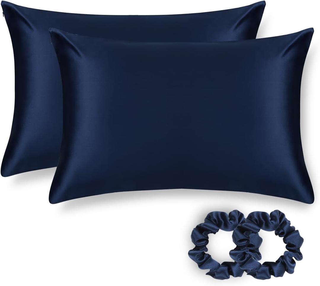 ALASKA BEAR Silk Pillowcase for Hair and Skin, Set of 2 Pure Genuine 22 Momme Mulberry Silk Pillow Cases Standard Size for Bliss Sleep Better Than Poly Satin, Zipper Closure (2 Pack Standard 20''x26'', Navy Blue)