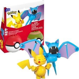 MEGA Pokmon Building Toys Set Pikachu & Zubat with 40 Pieces, 2 Poseable Characters and Pok Ball, 2 Inches Tall, for Kids