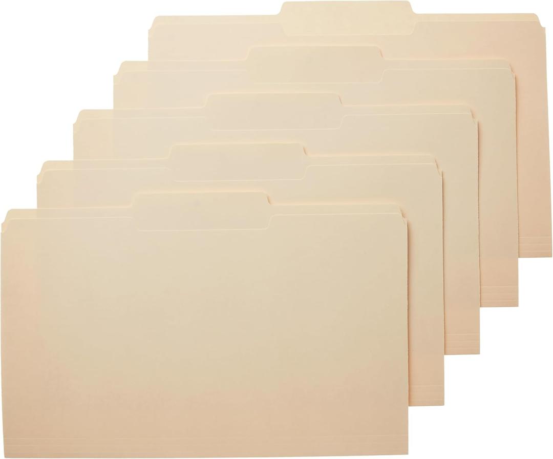 Amazon Basics Sturdy Manila File Folders, 1/3 Tabs in Assorted Positions for Filing, Legal Size, 8.5 x 14 inch - Pack of 100