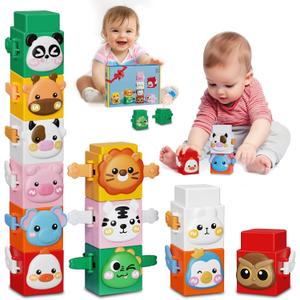 12 PCS Stacking Toys Set for Toddlers 18+ Months 1 2 3 4 Years Old Boys Girls Preschool Pressable Animals Stacking Blocks Sensory Toys with Cute Expressions Fun Easter Birthday Gifts for Kids