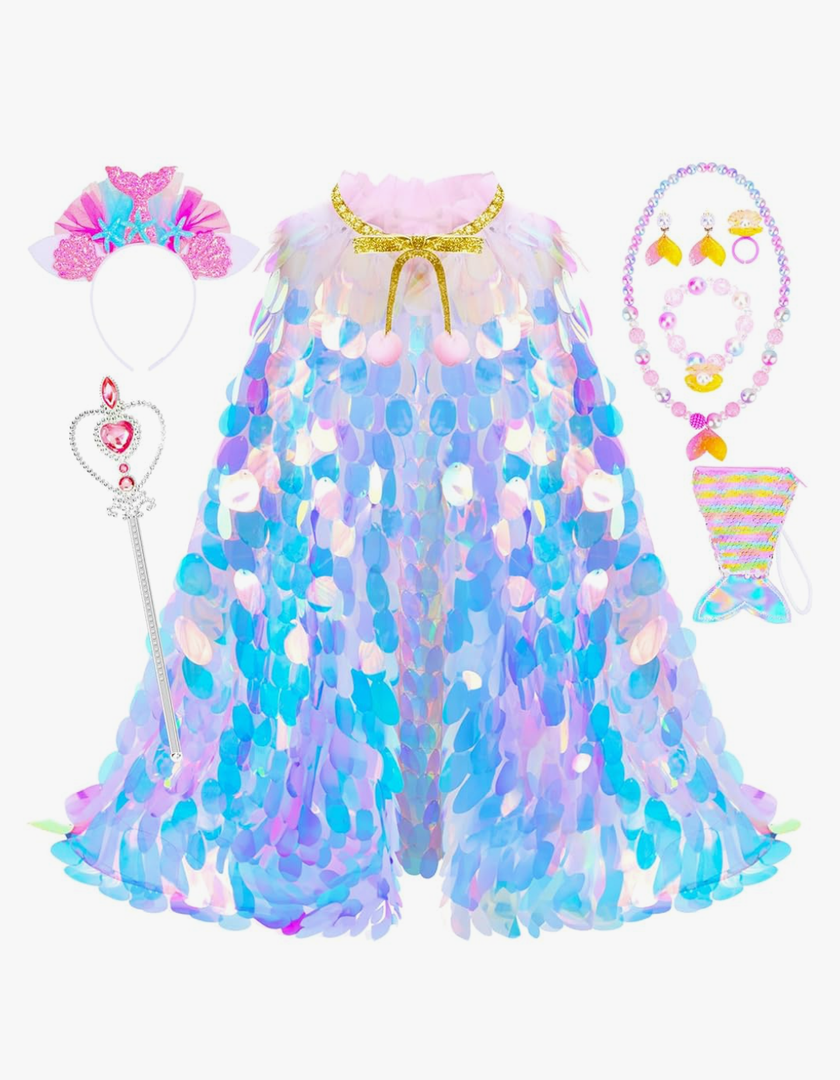 Princess Dress Up Toys Princess Dress Up Clothes Rainbow Mermaid Cape Kit 9 Pcs Gift Set for Little Girls 3-8 Years