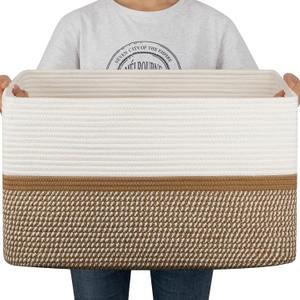 OIAHOMY Large Blanket Basket, 22x17x12 Rectangle Woven Baskets, Nursery Blanket Storage Living Room, Toy Storage With Handle, Large Baskets for Organizing-Yellow/White