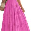 BTFBM Womens Summer 2025 Casual Midi Maxi Dresses Lightweight Short Sleeve V Neck Elastic Waist Boho Beach Dress Pockets (Large, Rose Red)