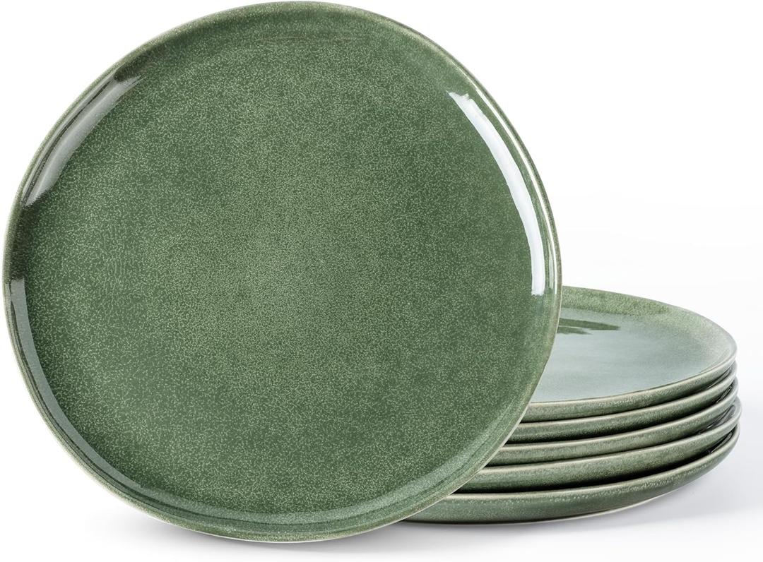 AmorArc Ceramic Dinner Plates Set of 6, 10.5 Inch Handmade Reactive Glaze Stoneware Plates, Rustic Shape Dinnerware Dish Set for Kitchen, Microwave & Dishwasher Safe, Scratch Resistant (Gade Green)