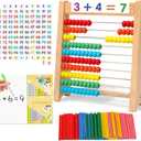 Wooden Abacus for Kids Math - 10-Row Counting Toy with 100 Beads, Number Cards & Counting Sticks, Educational Counters for Kids Math Gift for Age 3 4 5 6 7 Year Old Boy Girl
