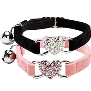 CHUKCHI Pink Soft Velvet Safe Cat Adjustable Collar with Crystal Heart Charm and Bells 8-11 Inches(Black+Pink)