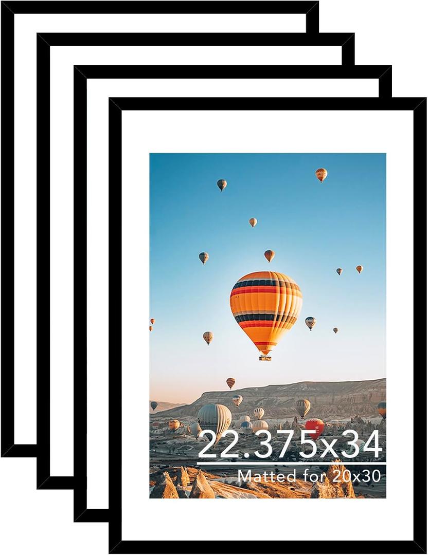 JCJMY 22.375x34 Picture Frame with 20x30 Mat Set of 4, Display Photo 20x30 with Mat or 22.375 x 34 Without Mat, Wall Hanging Large 22.375 by 34 Poster Frame with Plexiglass, 4 Pack, Black