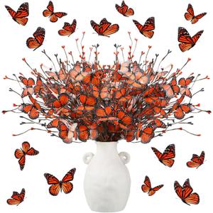 8 Pcs Monarch Butterfly Day of The Dead Decorations, Artificial Butterfly Picks Flower Bouquet for Altar Vase Filler Table Centerpiece Home Decor Halloween Floral Arrangements (Orange)