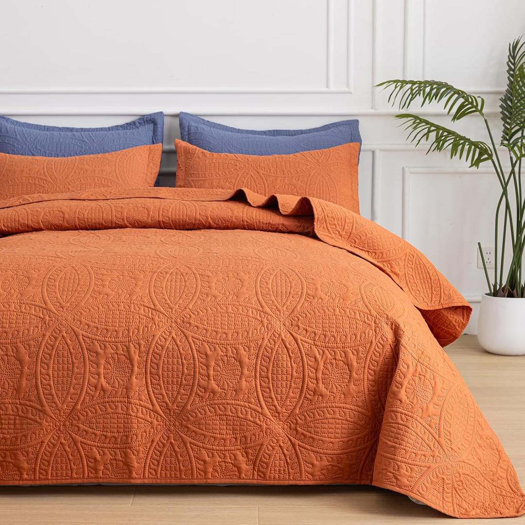 SheRest Queen Quilt Bedding Set - Soft Breathable Bed Quilts, Modern Style Embossed Bedspreads, Lightweight Microfiber Coverlet for All Seasons, Burnt Orange, 3 Pieces (1 Quilt,2 Pillow Shams) (Queen (90" x 96"))