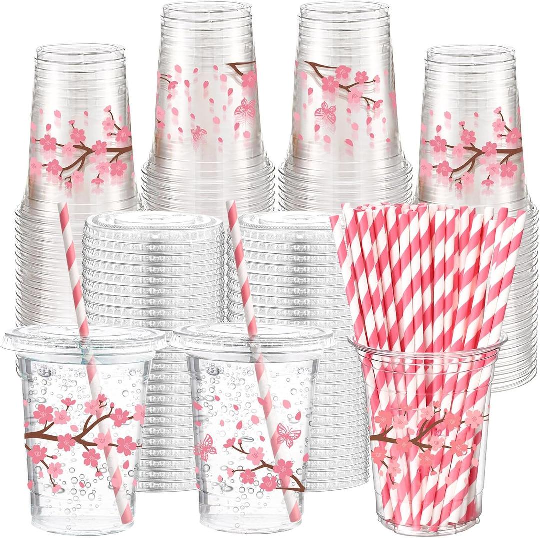 50 Sets Pink Cherry Blossom Party Supplies Cherry Blossom Plastic Cups with Lids and Straws 16 oz Clear Floral Disposable Drinking Cups Bulk for Spring Birthday Baby Shower Party Supplies
