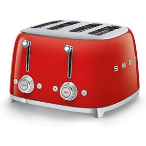 SMEG 4 Slice Toaster TSF03, Retro Stainless-Steel Toaster with Wide Slots for Bagels, 6 Browning Levels, Defrost Reheat Bagel Functions, Dual Controls, Crumb Trays,1800W - TSF03RDUS - Red