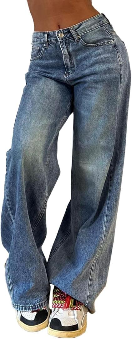 EMMIOL Wide Leg Jeans for Women, Mid Rise Baggy Jeans Plus Size Boyfriends Denim Pants, Y2K Vintage Style (8), Large 