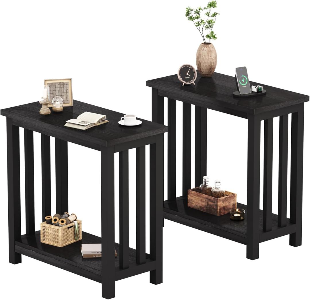 ChooChoo Mission End Tables Set of 2, Narrow Side Tables for Small Spaces, Night Stands with Storage Shelf for Living Room and Bedroom, Black
