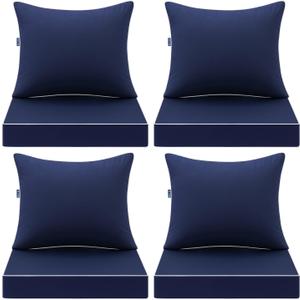 MIULEE Navy Outdoor Seat Cushion 24x24 Inch Set of 4 Waterproof Cushions | 3 Year Fade Resistant, Deep Seat and Back Cushion for Patio Furniture Chair Sofa Couch, Handle and Adjustable Straps