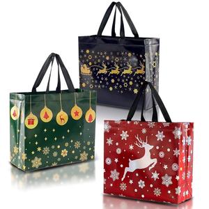 Nush Nush Festive Large Christmas Bags for Gifts - Set of 48 Large Christmas Gift Bags with Handles (4 Each of Blue, Green and Red Colors) - Reusable Gift Bag for Holiday Gifts, Presents - 13x5x11