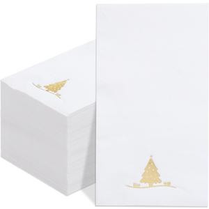 100PCS Christmas Gold Napkins Disposable - Heavy Duty Christmas Tree Napkin - Yule Paper Hand Towels - Xmas Gold Napkin for Kitchen Bathroom Noel Parties Dinners and Events (White)