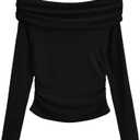 DARONG Women's Ruched Slash Strapless Long-Sleeved T Shirt Slim T-Shirt Asymmetric Warm Tank Tops Black L
