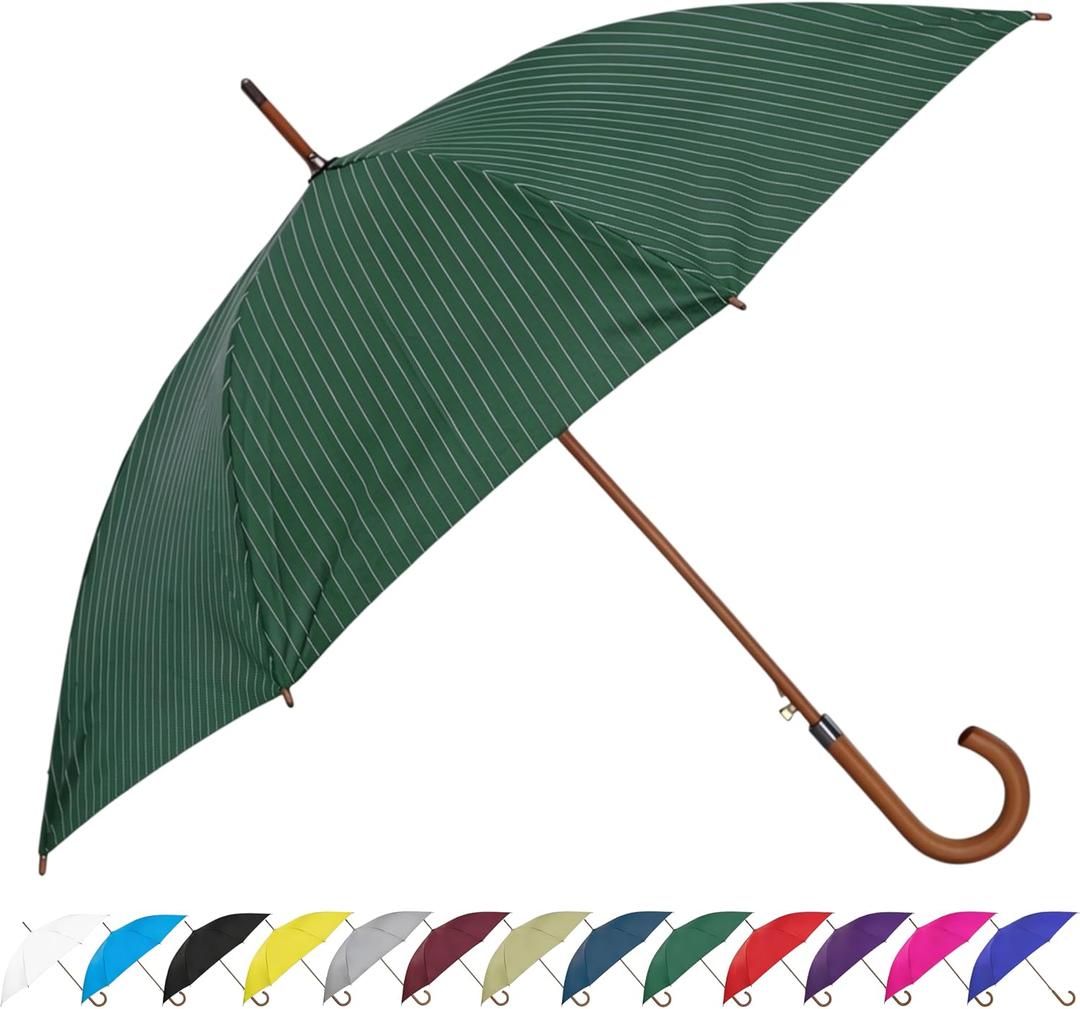 SoulRain 48" Large Umbrella –Windproof Stick Umbrellas for Rain, Automatic Open, Vintage Cane Navy Blue big Umbrella with Classic Wooden Handle,Open for 2 Persons adult,for Women & Men(Green Stripes)