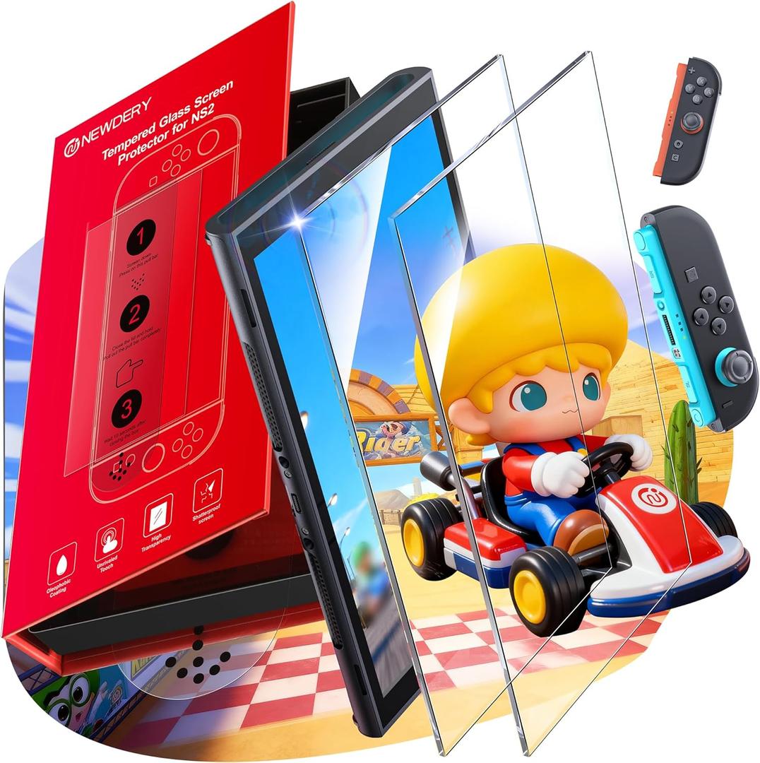 NEWDERY 2-Pack for Switch 2 Screen Protector [2025 Verision] with Auto Alignment Kit, Tempered Glass[Stronger Durable], Auto-Dust Removal,Full Coverage Switch 2 Accessories, 2 Pack