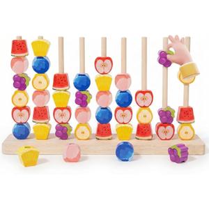 Wooden Fruit Sorting Stacking Toys for Toddlers - Montessori Logic Puzzle Game, Color Matching & Fine Motor Skills Educational Learning Gift for 3 4 5 Year Old Kids, Brain Teaser with Fruit Blocks