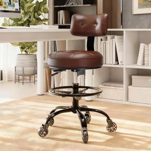 Office Drafting Chair with Footrest, Tall Height Adjustable Stool with Back Support, Heavy Duty Rolling Stool Chair with Wheels for Office Home Kitchen Bar Shop Guitar Studio Vanity, Brown