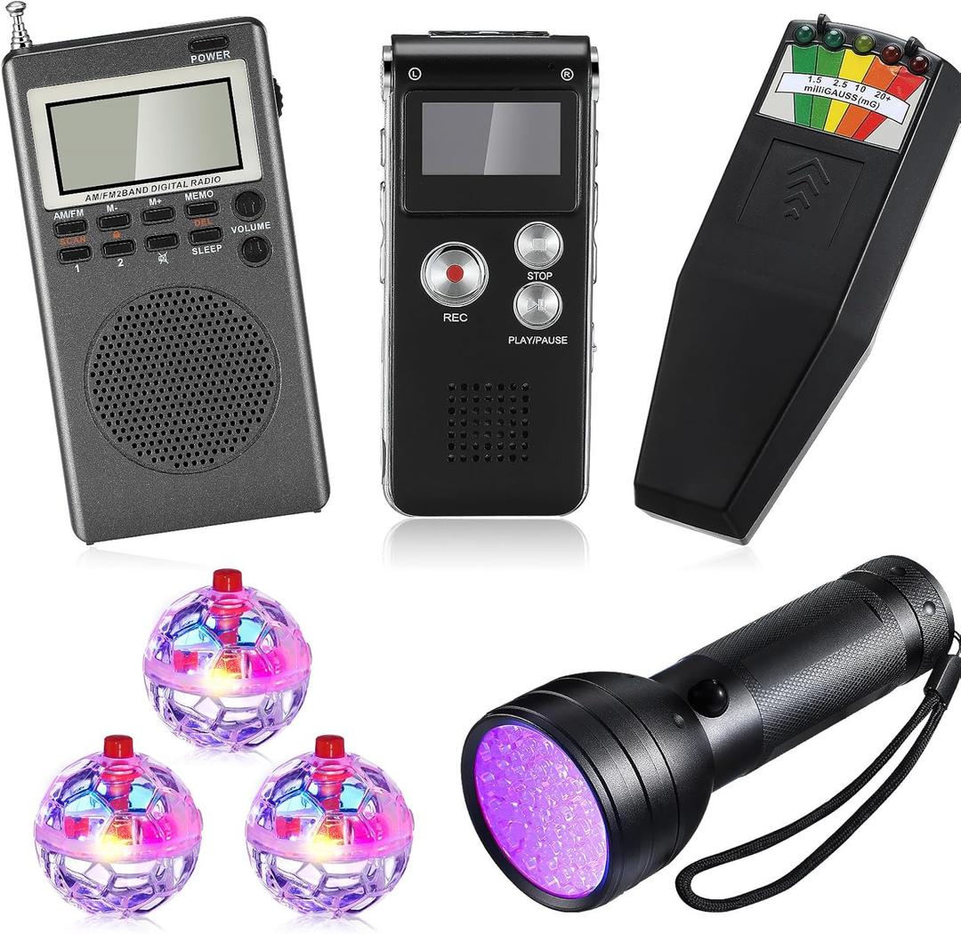 Saillong 7 Pcs Ghost Hunting Equipment Kit 1 Electromagnetic Paranormal Radiation Detector 1 Digital EVP Voice Recorder 1 Hand Held Radio 1 UV Flashlight 3 LED Light up Cat Balls, 8gb(Clear)