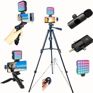 for iPhone Vlogging Kit, Vlogging Kit for Andriod Phone with Two Tripods RGB Light Lavalier Microphone Remote for YouTube Tiktok Content Creator (Total Height 20 in to 50 in)