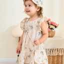SODLON Baby Girl Dress Summer Clothes Infant Floral Boho Dresses Ruffle Linen Toddler Girls Casual Sundress with Hat and Bag (Beige)