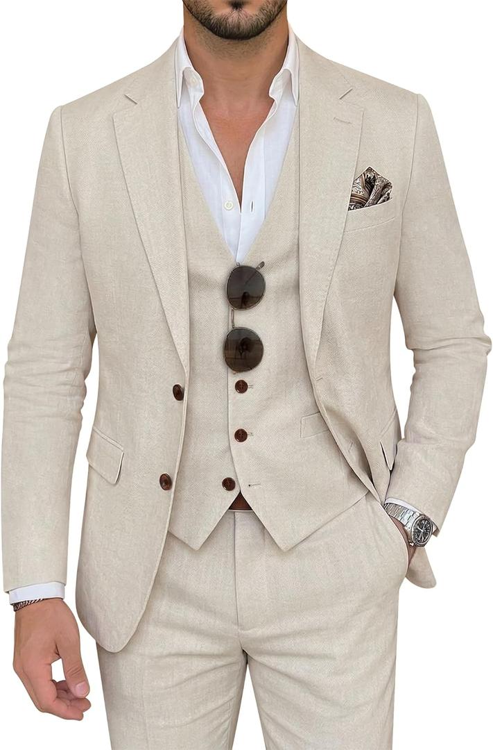 Men's Suit 3 Piece Linen Suits Slim Fit Suit Blazer Vest Pants Set Wedding Prom Tuxedos Business Casual Suit, Medium