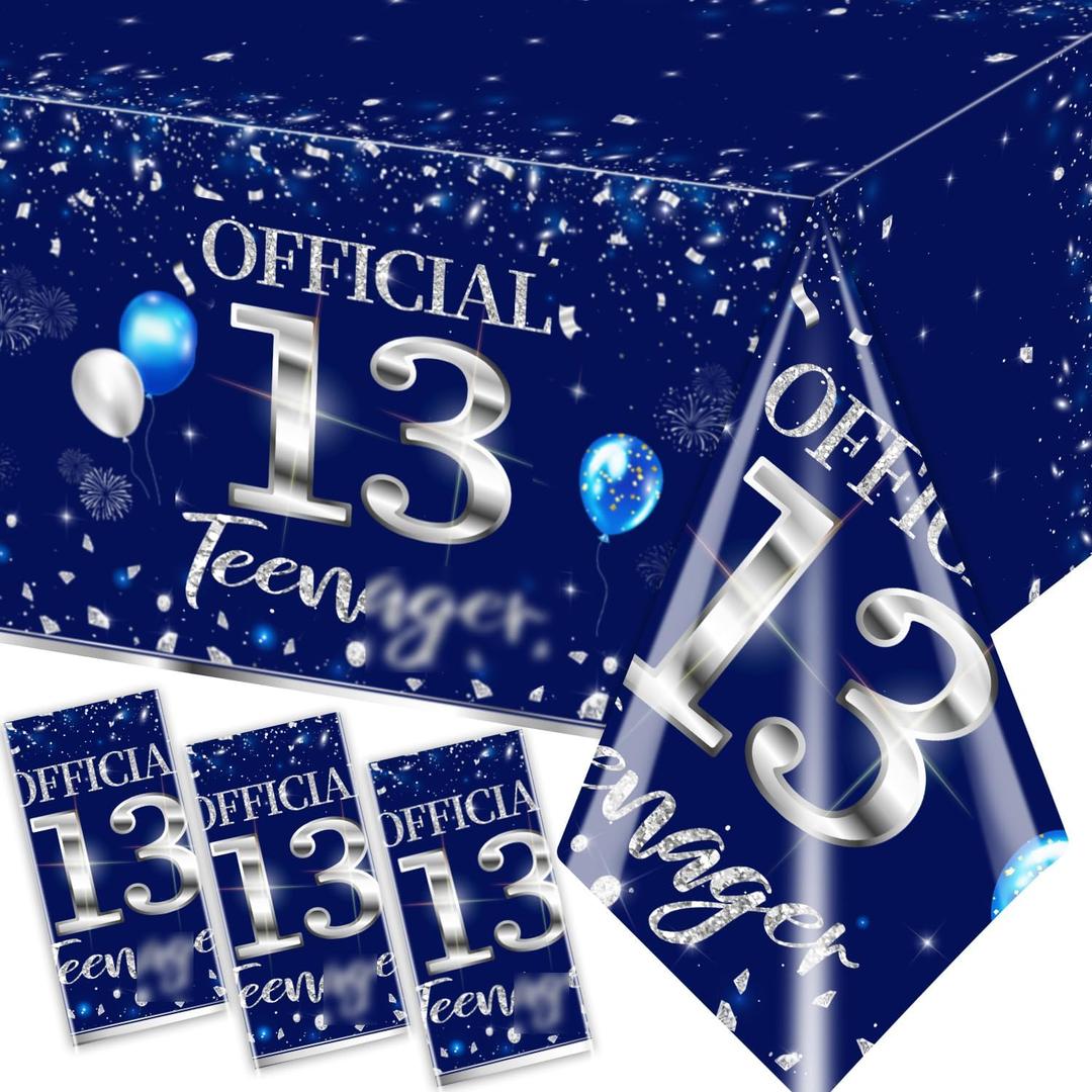 GREHUMOR 3pcs 13th Birthday Tablecloth Silver Blue Happy Birthday Decorations for Boy 13 Years Old Party Supplies Disposable Plastic Waterproof Table Cover