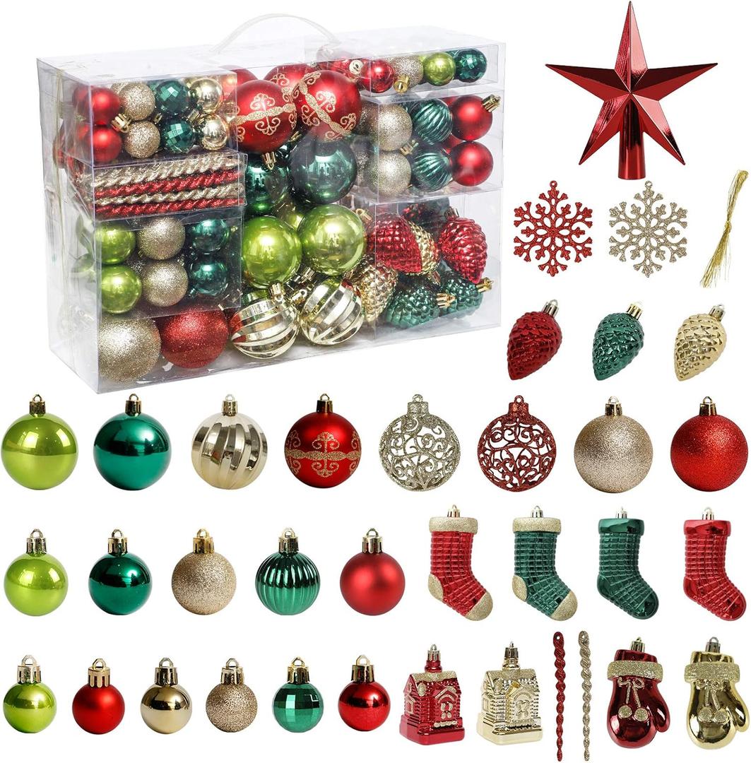 ROSELEAF 132pcs Christmas Tree Decoration Set - Red, Green & Gold Shatterproof Hanging Ornaments - Folk Art Style - Christmas, Wedding, Anniversary