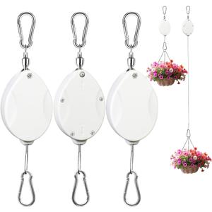 3 Pcs Upgraded Heavy Duty Retractable Plant Hanger,Plant Pulleys for Hanging Plants,Easy to Raise and Lower,Auto Lock,Adjustable Hook for Garden Baskets Pots,Birds Feeder and Grow Lights,White