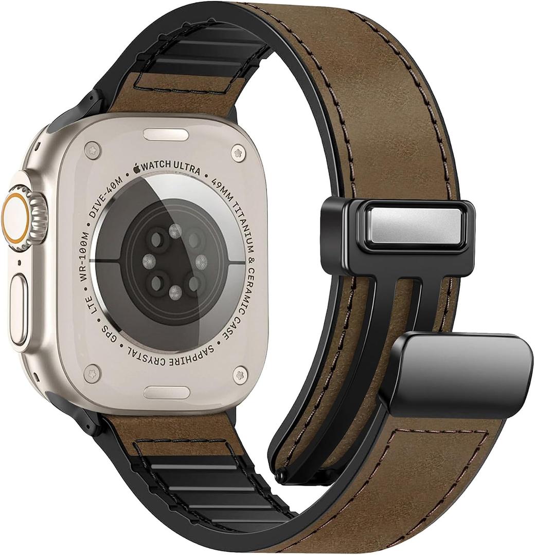 Magnetic Leather Bands Compatible with Apple Watch 42mm(Series 10/11) 41mm 40mm 38mm for Men Women, Genuine Leather with Magnetic Buckle for iWatch Series SE11/10/9/8/7/6/5/4/3/2/1