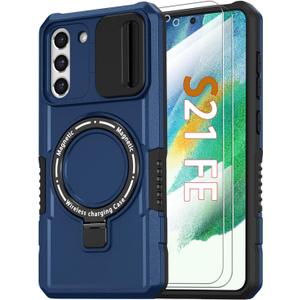 Magnetic Case for Samsung Galaxy S21 FE 5G, with Ring Stand, Glass Screen Protector, Compatible with MagSafe, Military Grade Case with Camera Cover, Shockproof Cover for Samsung S21 FE 6.4 inch, Blue