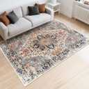 Area Rugs Washable Non-Slip, Floral Vintage Distress Print Pattern Medallion Carpet for Living Room Bedroom Dining Room, Beige Navy Blue Orange Colorful (Blue, 5' x 7')