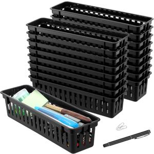 24 Pcs Narrow Plastic Pencil Basket Trays, 10" x 3" Plastic Baskets for Storage, Small Black Narrow Plastics Pencil Basket for Classroom Desk Home Office Organizing Supplies