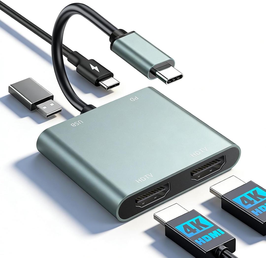 USB C to Dual HDMI Adapter - 4K@30Hz Dual Monitor HDMI Adapter with 100W PD Charging, USB3.0 5Gbps & Thunderbolt 3 Compatible for Laptop/Tablet